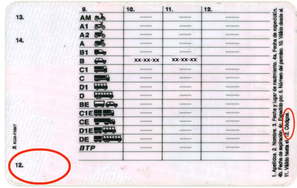 Codigos carnet de conducir